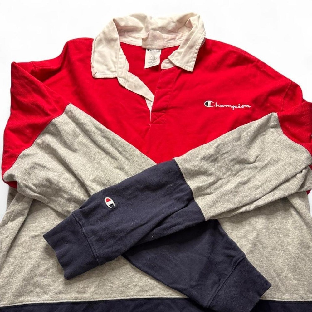 Champion Reverse Weave Rugby Shirt Mens XL Colorblock Long Sleeve Red Grey Navy - Picture 6 of 7
